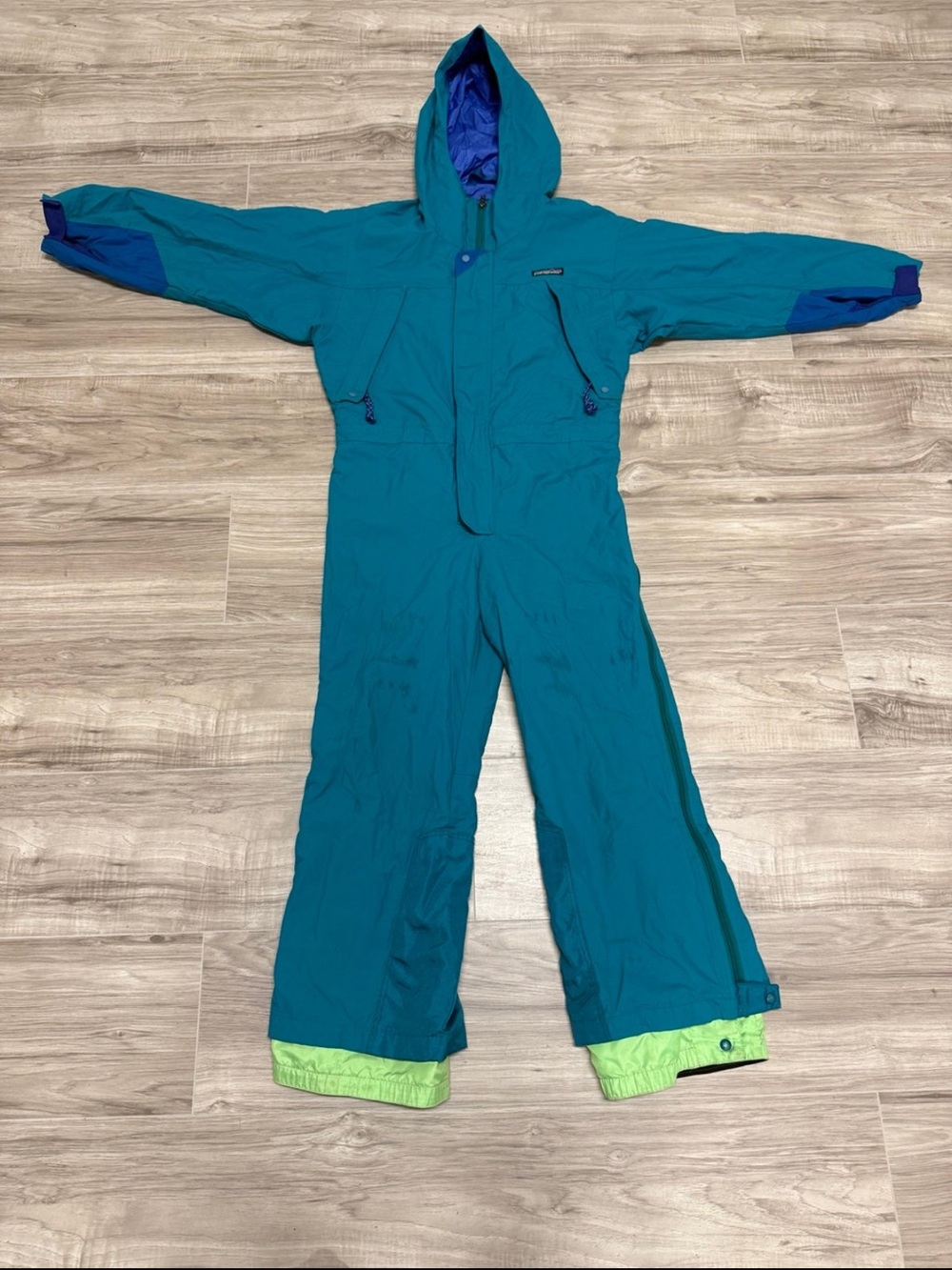Vintage Patagonia Kids Teal Hooded Snowsuit Teal with Lime Accents Kids Size Med